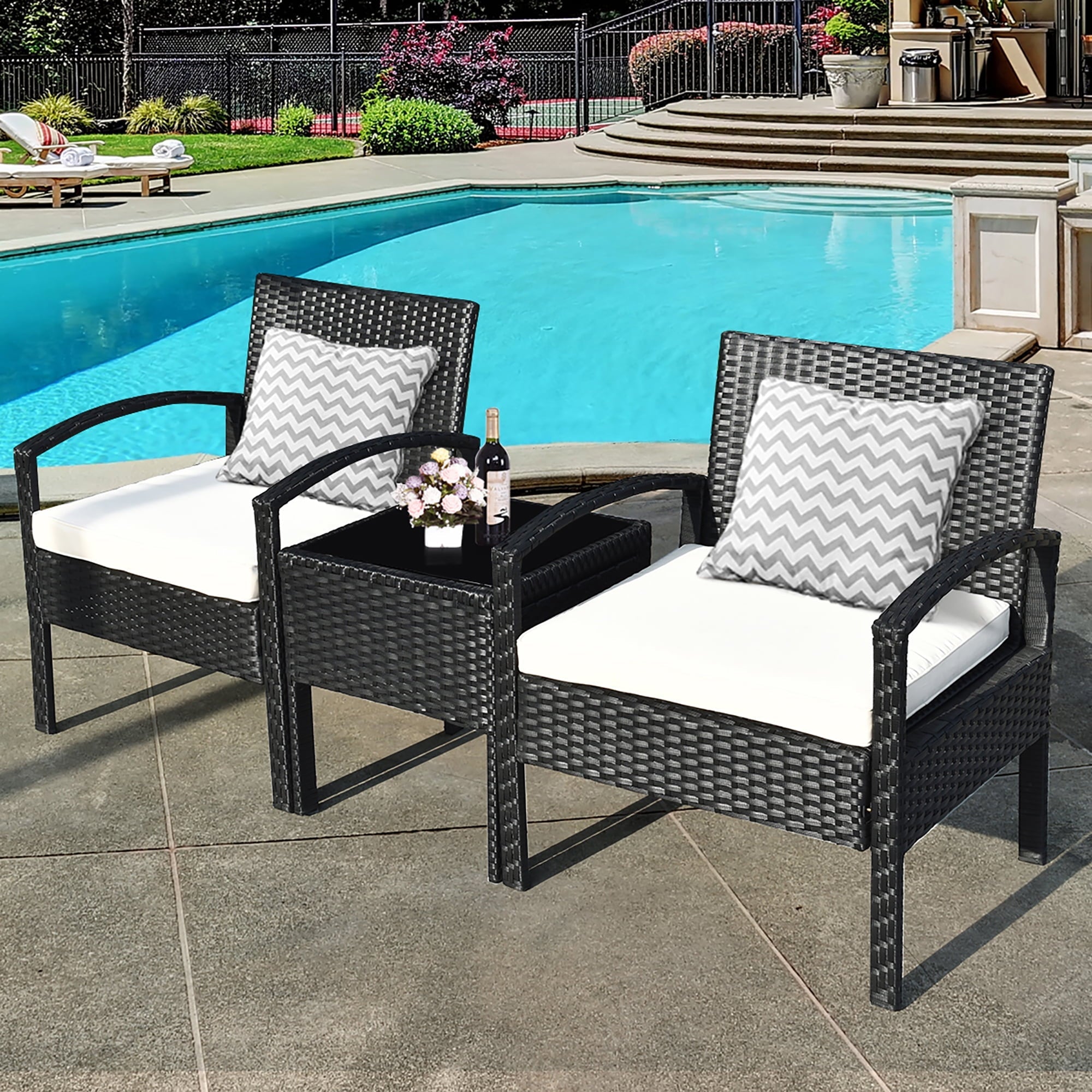 Costway 3PCS Patio Rattan Furniture Set Coffee Table & Chairs Set with Seat Cushions Garden