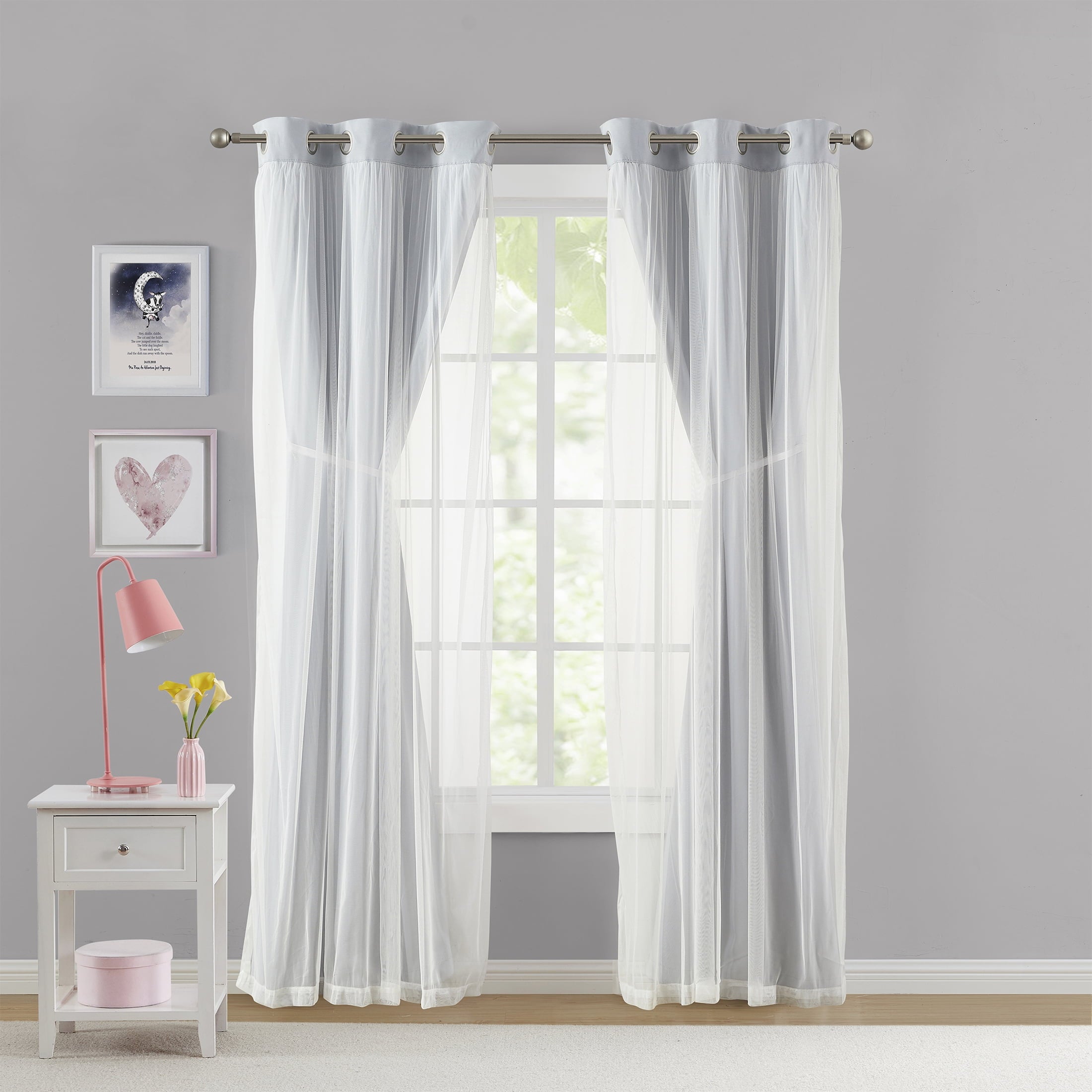 Your Zone Grey Blackout with Sheer Overlay Grommet Curtain Panel, 37