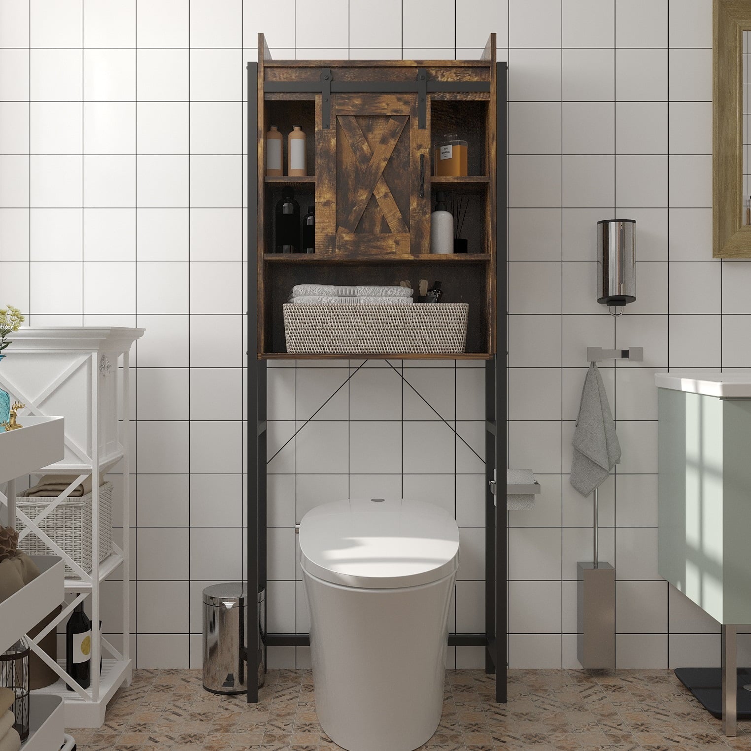 PWFE Farmhouse Over Toilet Bathroom Organizer, Freestanding Over The Toilet Storage Cabinet with Sliding Barn Door, Bathroom Space Saver Toilet Stands(Tan with metal frame)