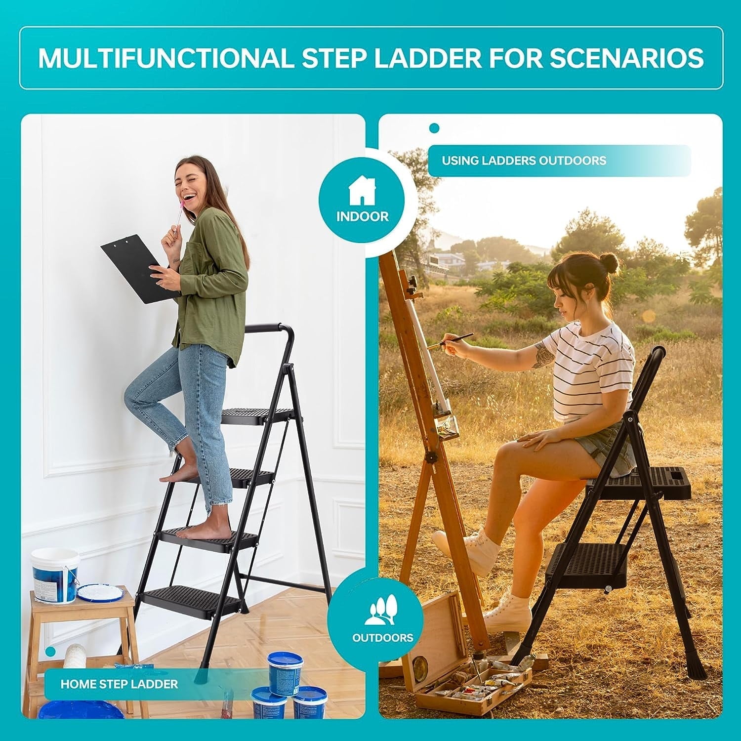 BOWEITI 4 Step Ladder, Lightweight Folding Step Stool with Wide Anti-Slip Pedal,Portable Sturdy Steel Ladder 330lb Capacity(black)