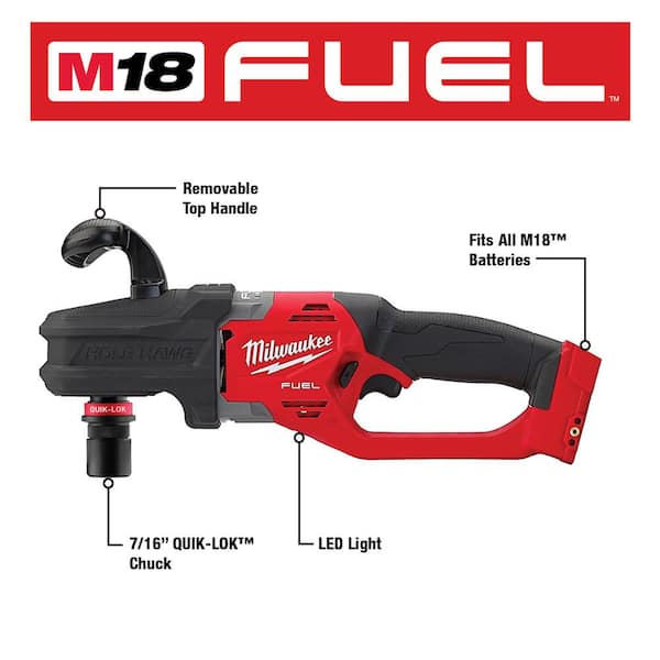 M18 FUEL 18V Lithium-Ion Brushless Cordless Hole Hawg 7/16 in. Right Angle Drill W/Quick-Lok with M18 FUEL Hackzall