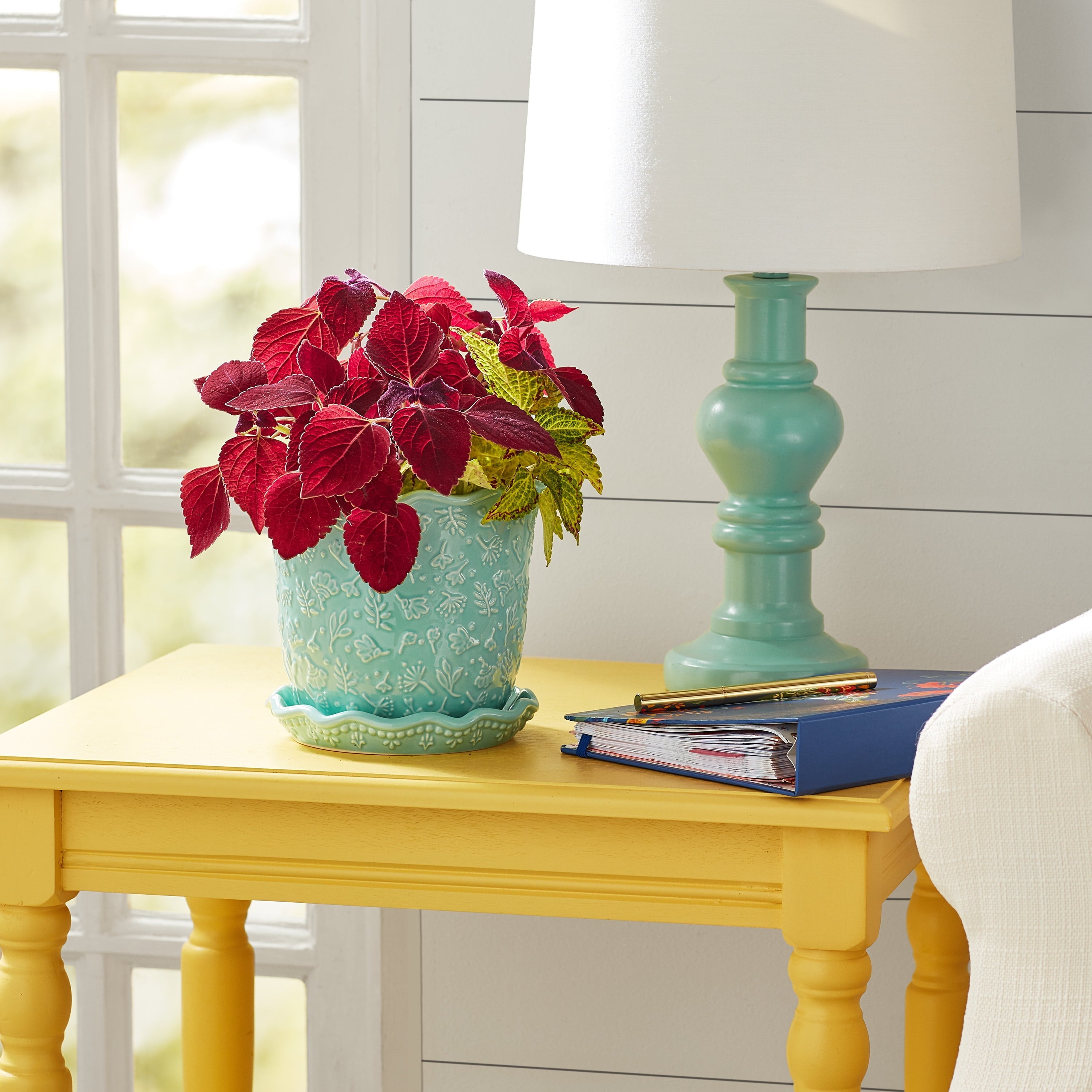 The Pioneer Woman Embossed Daisy Teal Planter 6 inch, Stoneware