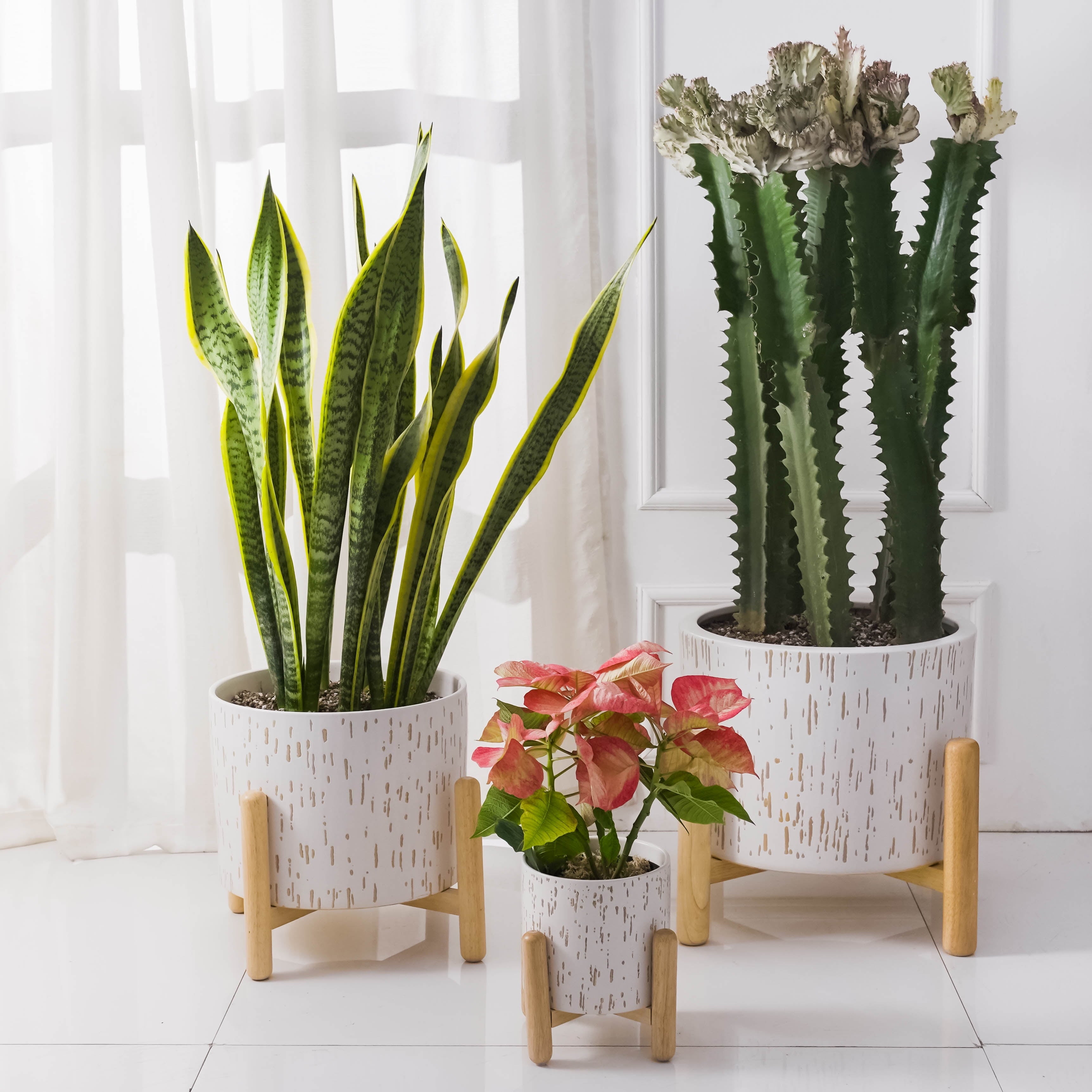 Better Homes & Gardens Ceramic Round Ceramic and Wood Planter & Stand Set