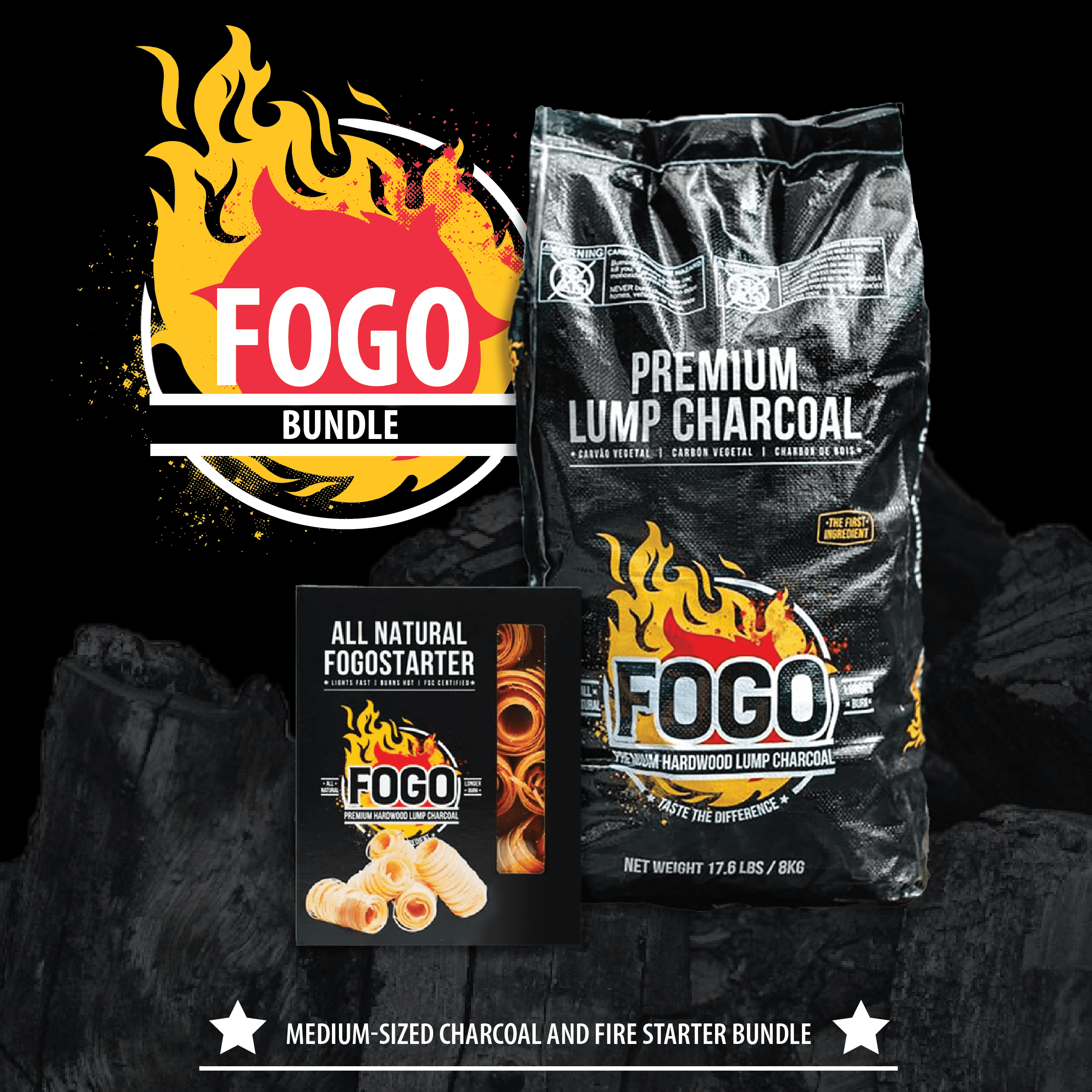 FOGO Premium Hardwood Lump Charcoal, Natural Medium and Small Sized Lump Charcoal 17.6 Pound Bag and Fogostarters Natural Fire Starters, 30 Count Box, Bundle