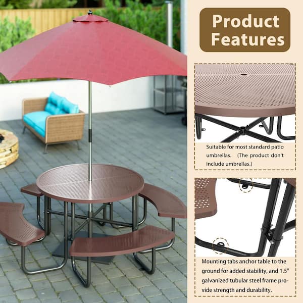 83.46 in. Coffee Round Industrial Strength Steel Picnic Table Seats 8-People with Umbrella Hole