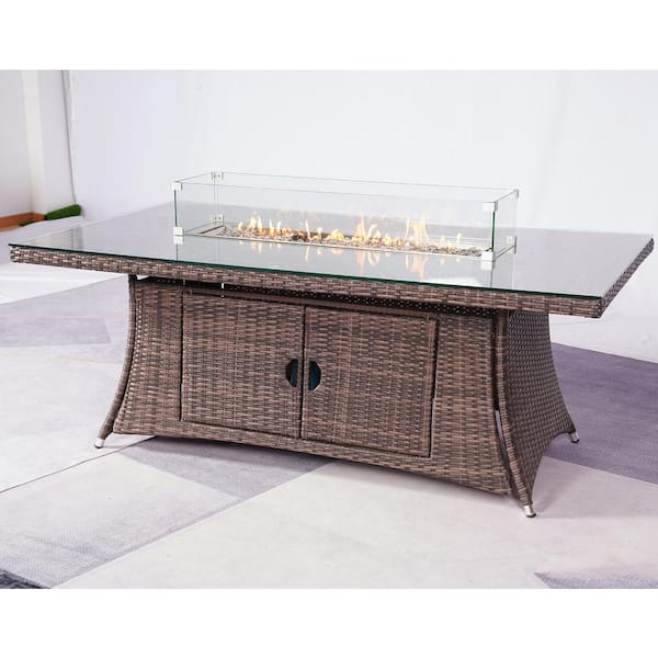 Firefly Brown Wicker Rectangular Propane Fire Pit Table with Tempered Glass Surround