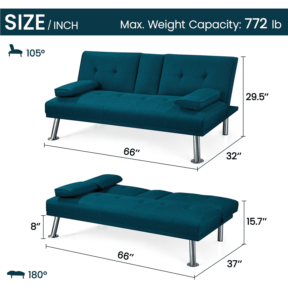 Easyfashion Convertible Futon Sofa Bed W/ Chrome Metal Legs & 2 Cup Holders, Aqua Blue