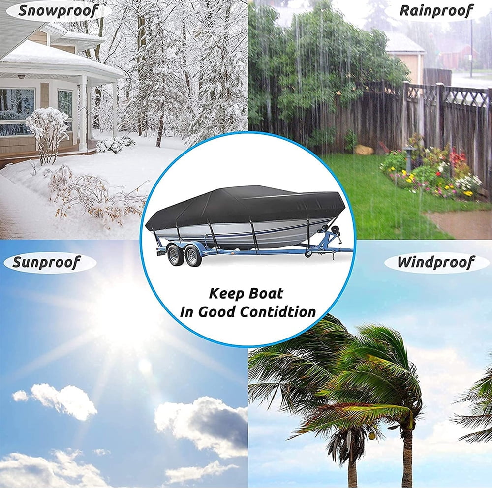 Boat Cover, Heavy Duty Waterproof Trailerable Boat Cover, UV Resistant Marine Grade Outboard Cover Compatible for Bass Boat, Fits Tri-Hull V-Hull Fishing Runabout Boat, Black