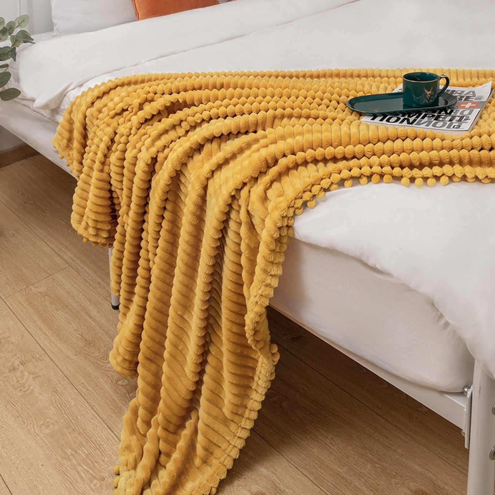 DISSA Flannel Fleece Blanket Soft Large Throw Blanket with Pompom Fringe Lightweight Cozy Plush Blanket Fit Sofa Bed(Mustard Yellow,51x63