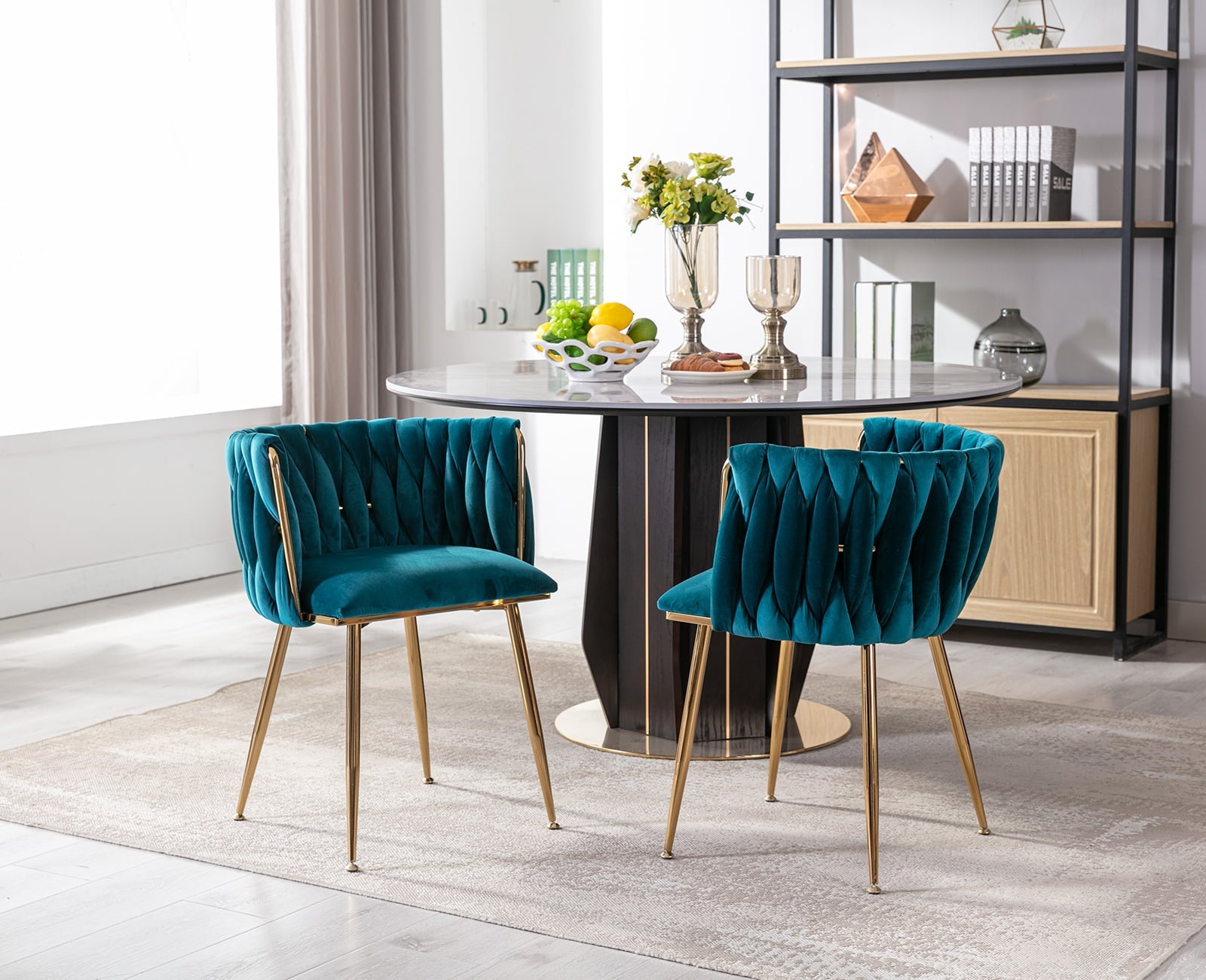 Guyou Velvet Dining Chair Set of 2, Modern Upholstered Accent Side Chair with Woven Back and Metal Legs, Vanity Chair Kitchen Chair for Living Room Dining Room Bedroom, Teal Green