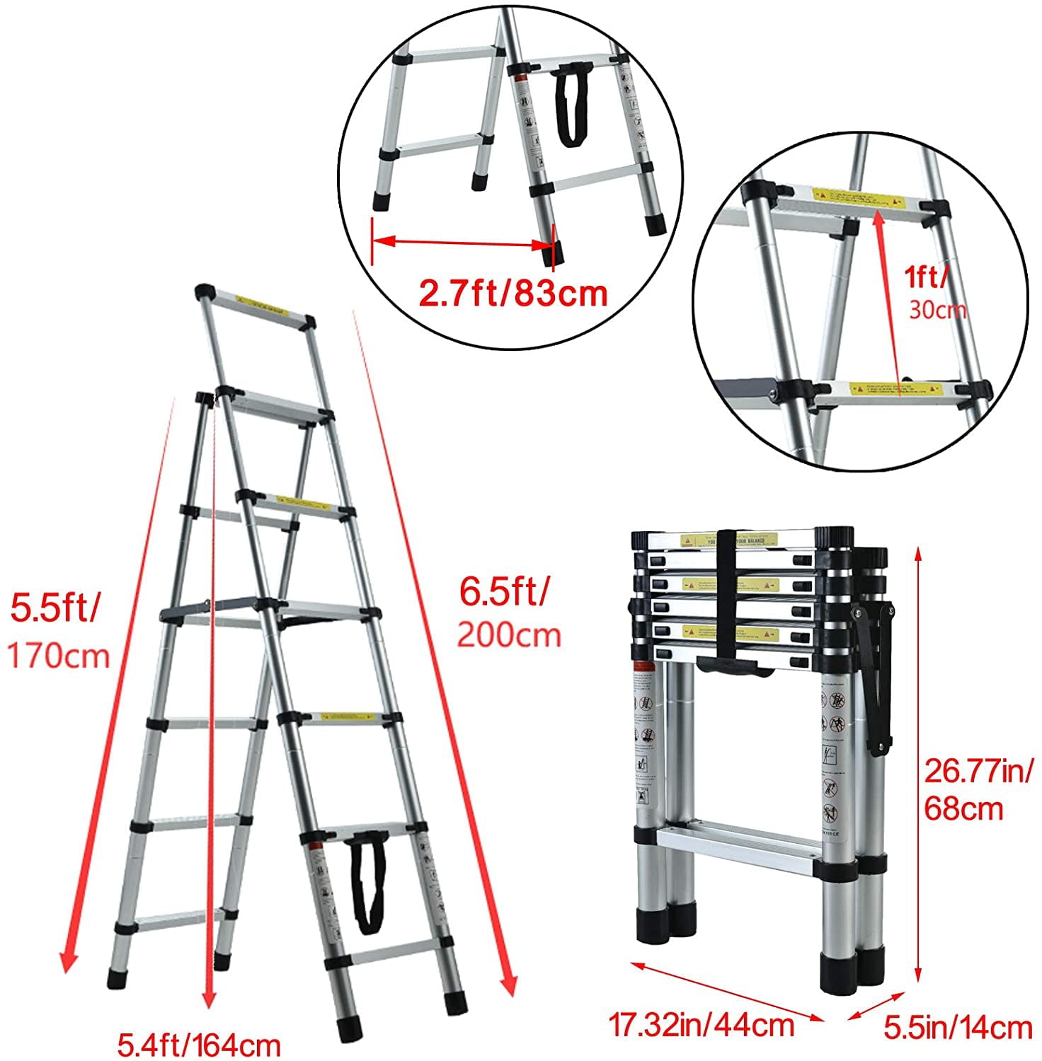 Thicken Aluminum Extension Step Ladder Folding Telescopic Ladder Telescoping Ladders 1.7M - 2M, Extra Wide Steps and Anti-Slip feet Ladder (5+6 Step)