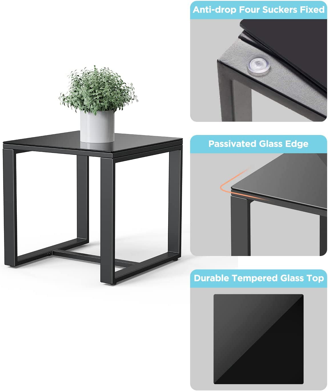 3-Piece Patio Chairs Set, Balcony Furniture Set with PE Rattan Rocking Chairs and a Glass Table, Gray Cushion