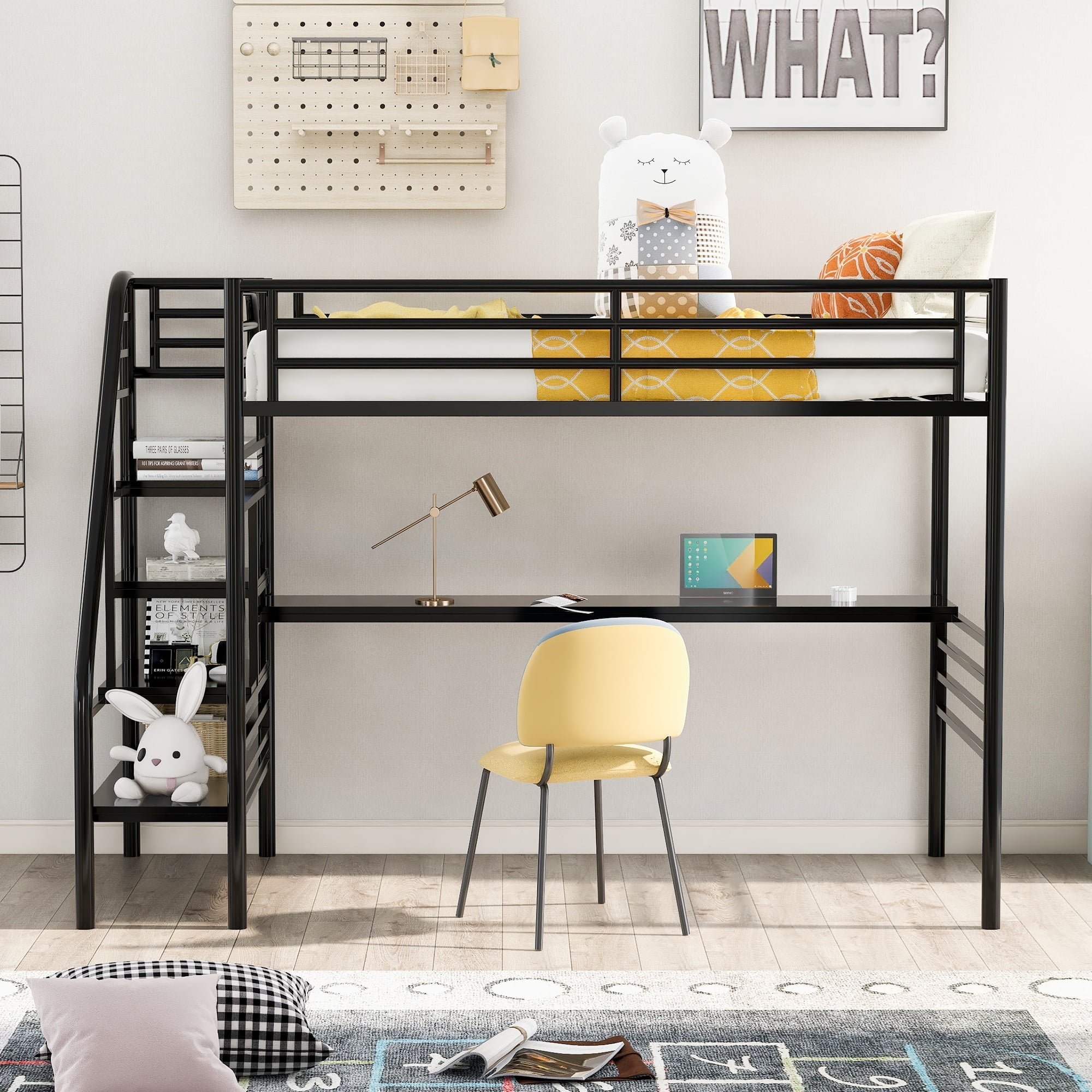 Euroco Metal Twin Size Loft Bed with Desk & Stairways for Child, Black