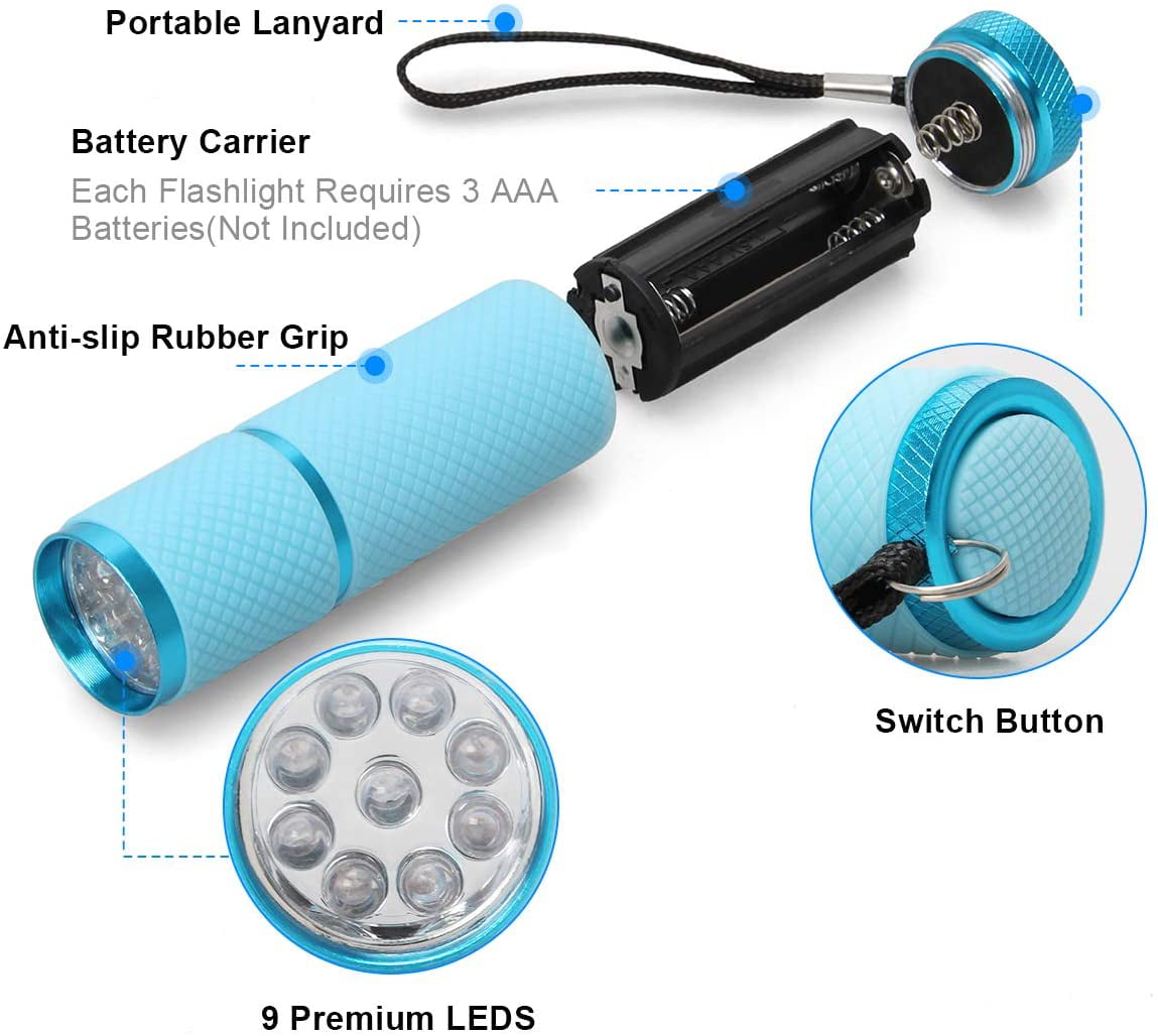 9 LED Glow in Dark Flashlights, 6 Pack Rubber Coated Mini Flashlights with Straps, Portable Handy Lights for Camping, Hiking, Indoor, Assorted Colors