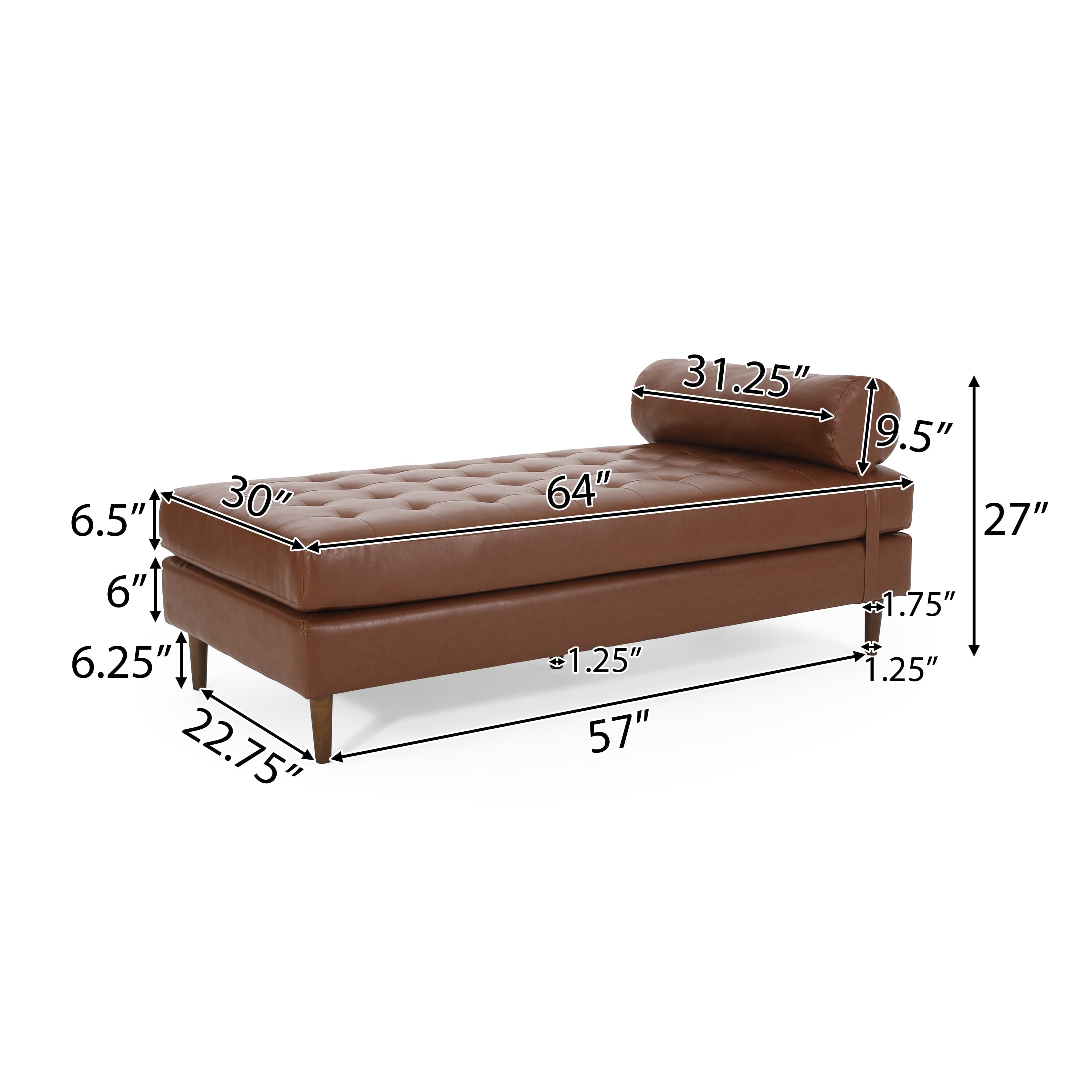 GDF Studio Elkjer Mid Century Modern Faux Leather Tufted Chaise Lounge with Bolster Pillow, Cognac Brown and Natural Walnut