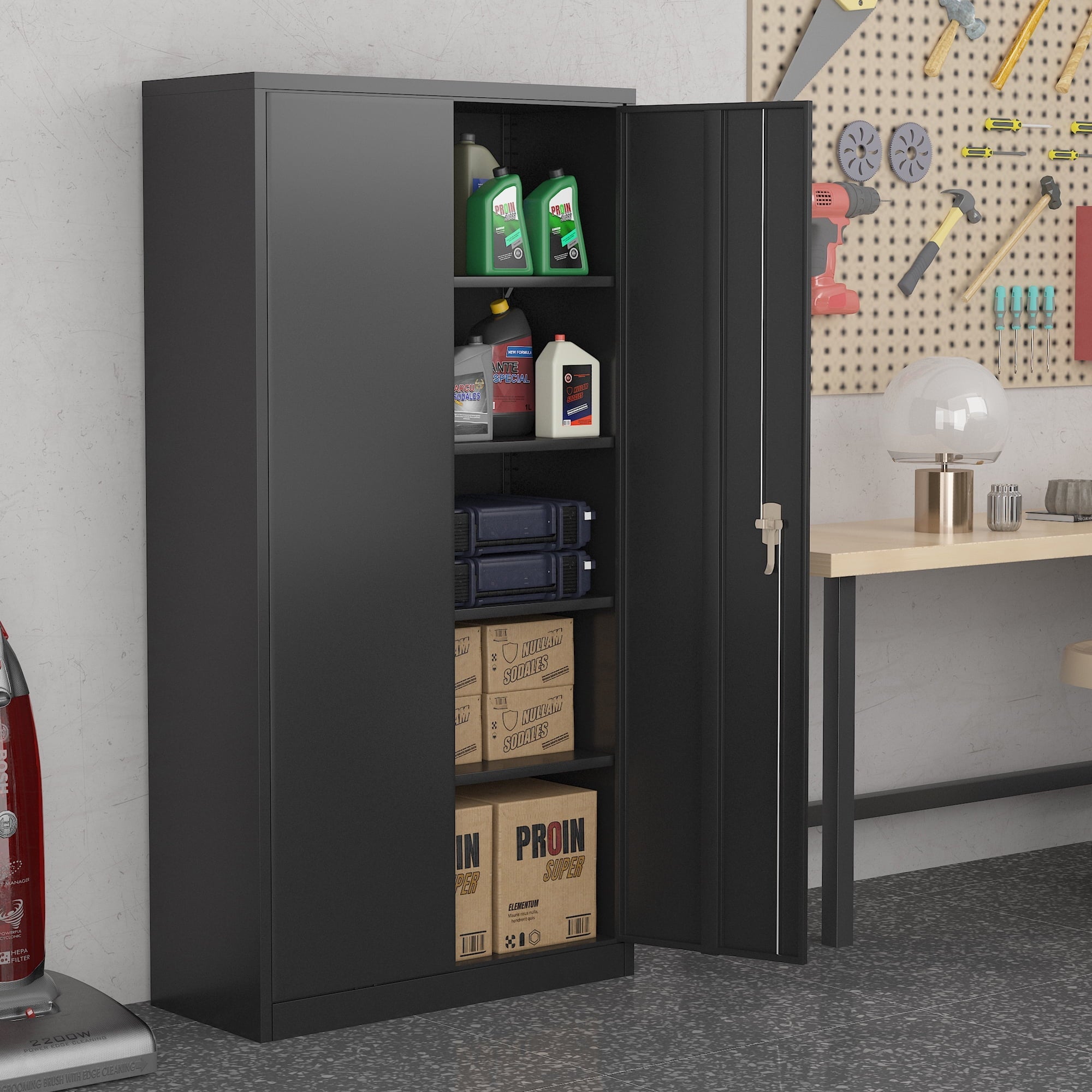 GangMei 71 In Metal Storage Garage Cabinets with Locking Doors and Adjustable Shelves, Steel Storage Cabinet for Garage, Office, Classroom, Assemble Required(Black)