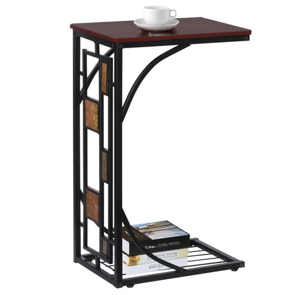 Easyfashion Traditional C Shaped Wood and Metal End Table, Brown/Black