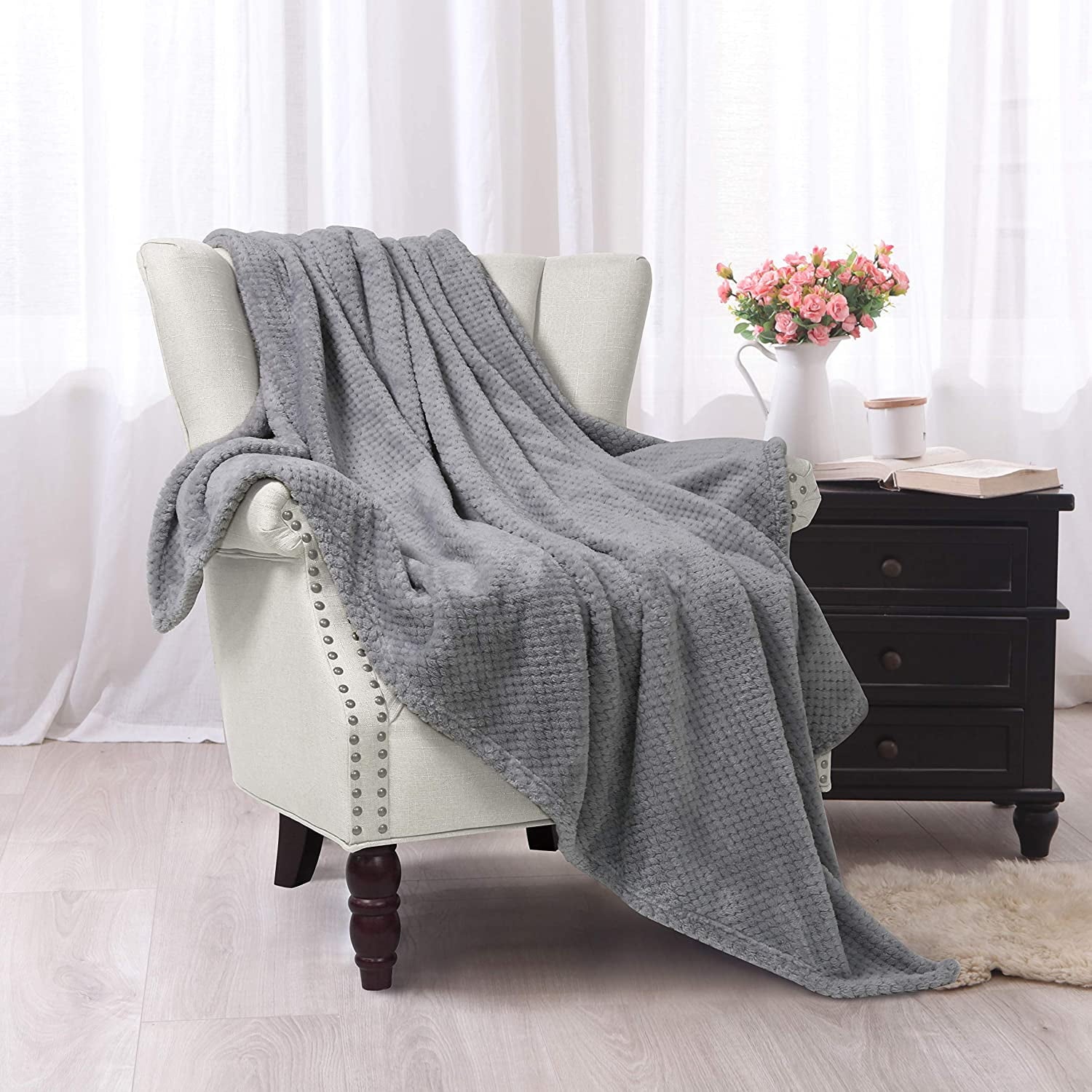 Exclusivo Mezcla Waffle Textured Soft Fleece Blanket, Large Throw Blanket(Light Grey, 50 x 70 inches)- Cozy, Warm and Lightweight