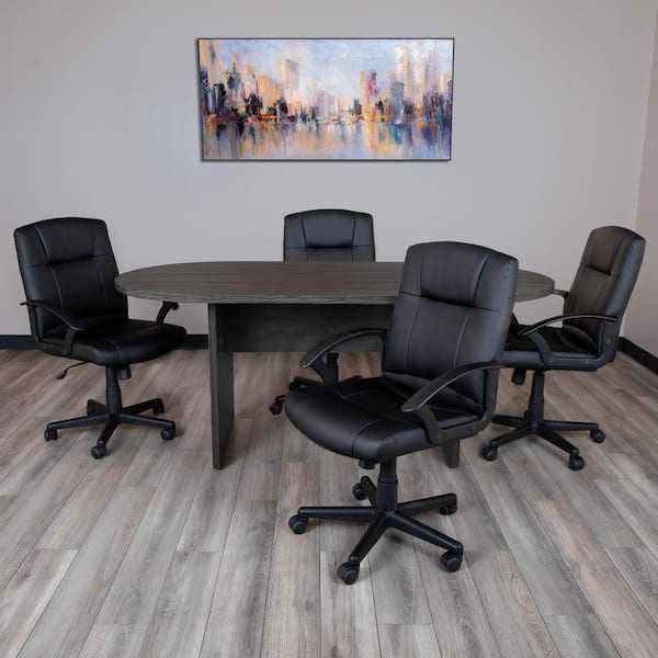 35 in. Rustic Gray Oval Wood Conference Desk Set with Black Task Chairs