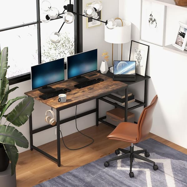 59 in. Rectangular Brown Wood Home Office Computer Desk Study Laptop Table Detachable Shelf