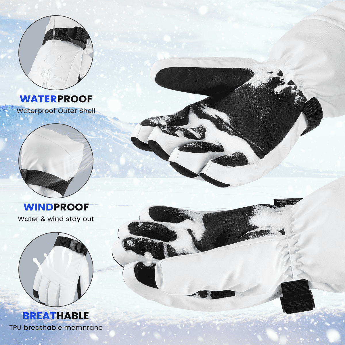 Ski Gloves, Waterproof Touchscreen Snowboard Gloves, Warm Winter Snow Gloves for Cold Weather, Fits Both Men & Women for Driving/Cycling/Running/Hiking(White)