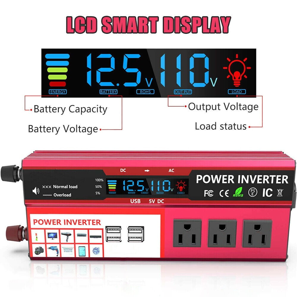 1000W Power Inverter Car Converter Adapter, 500W DC 12V to AC 110V Pure Sine Wave Solar Converter