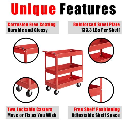 Torin Service Utility Cart Heavy Duty 3 Shelf Tier, 400 lbs Rolling Trolley, Red