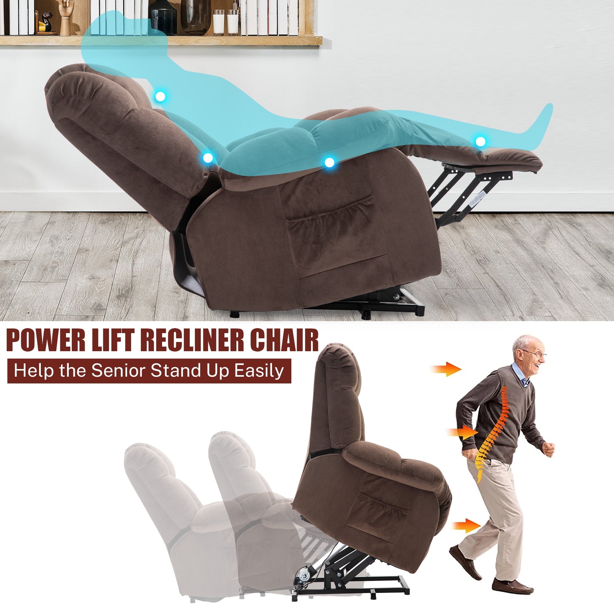 VANBER Lift Chair Recliners, Lazy Boy Power Lift Recliner Chair Big Man Recliner Sofa, Heavy Duty Electric Lift Chair with Remote Control and Side Pocket, Fabric Lift Chair, 300lbs Capacity, Coffee