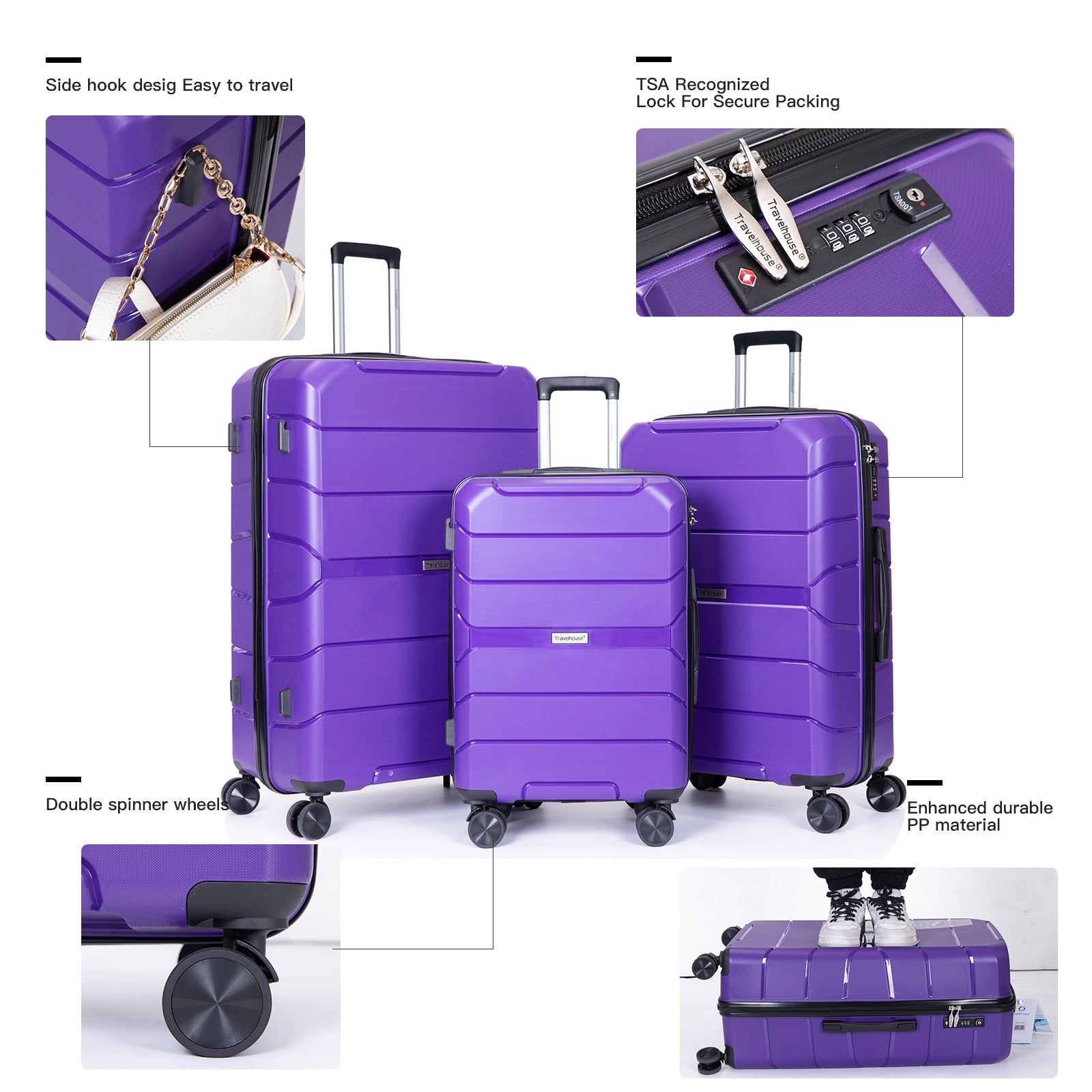 Travelhouse 3 Piece Luggage Set Hardshell Lightweight Suitcase with TSA Lock Spinner Wheels.(Purple)