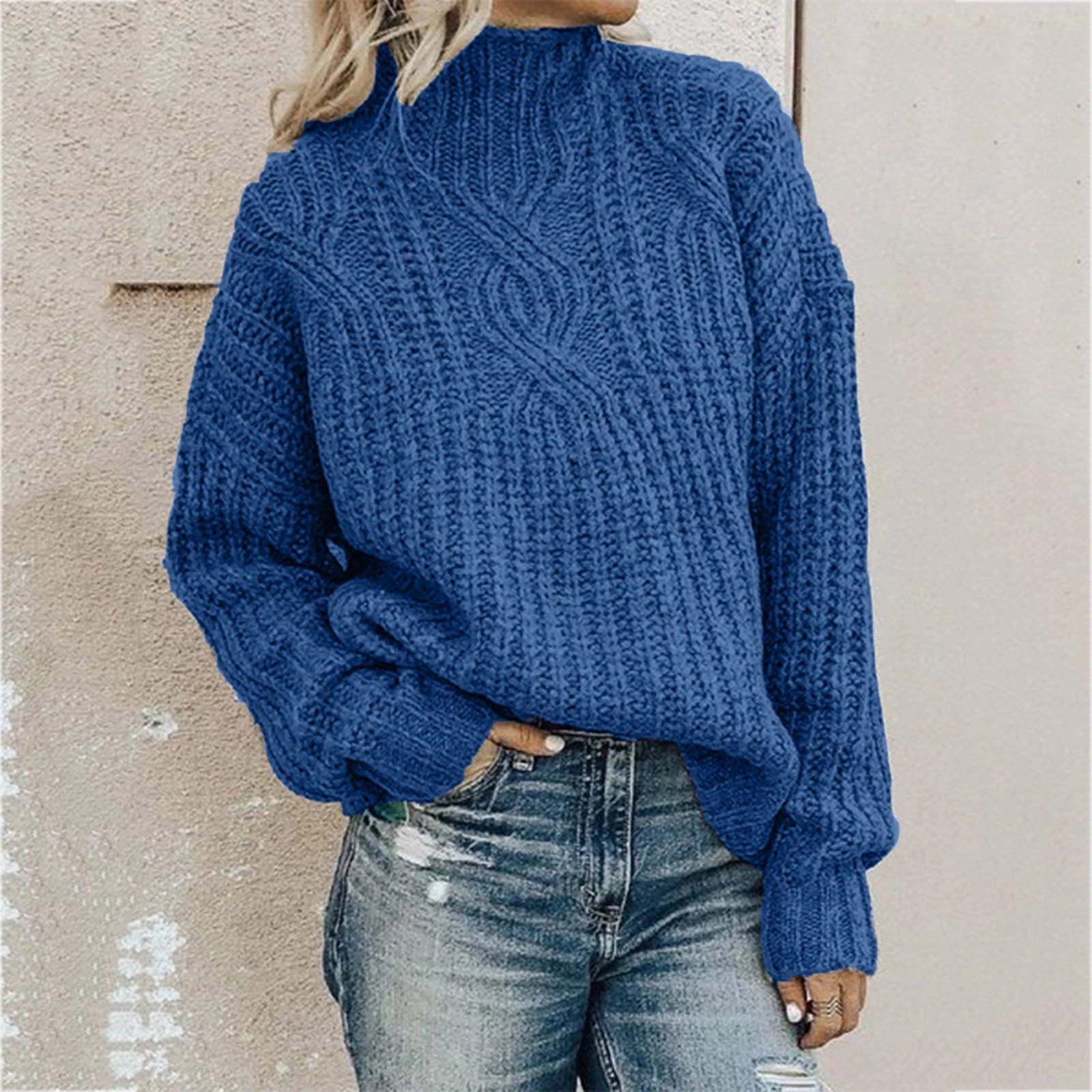Mrat Turtleneck Sweater Ladies Knitted V-Neck Sweater Womens Fashion Solid Long Sleeve Sweater Loose Turtleneck knitting Sweater Pullover Knit Sweater Tops
