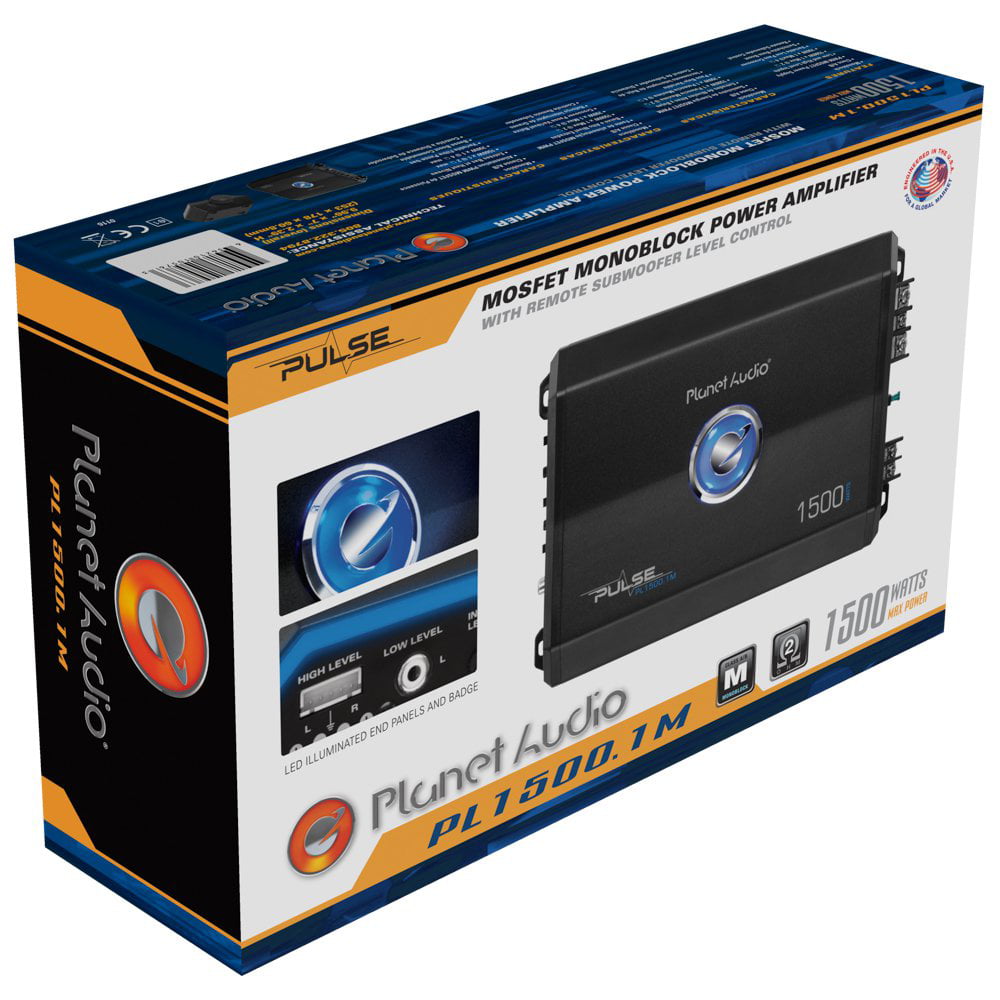 Planet Audio PL1500.1M Pulse Series Car Audio Amplifier - 1500 High Output, Monoblock, 2/8 Ohm, High/Low Level Inputs, Low Pass Crossover, Hook up to Stereo and Subwoofer