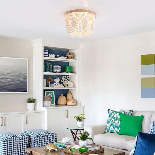 12.6 in. 3-Light Antique Rustic White Flush Mount Bohemia Wood Beaded Ceiling Light Mini Chandelier