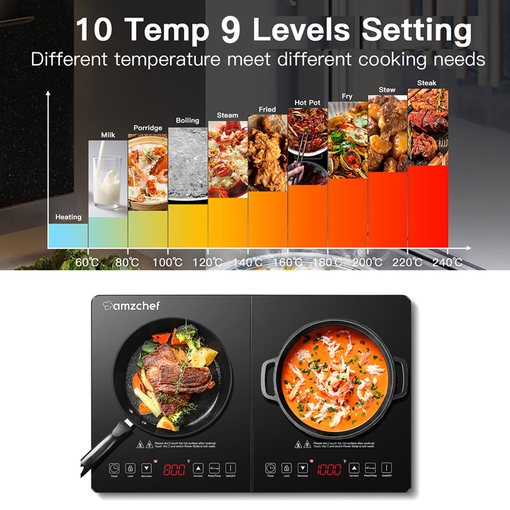 AMZCHEF 1800W Double Induction Cooktop Low Noise with Independent Control 2 Burners, 10 Temperature, 9 Power Levels, 3-hour Timer & Child Safety Lock