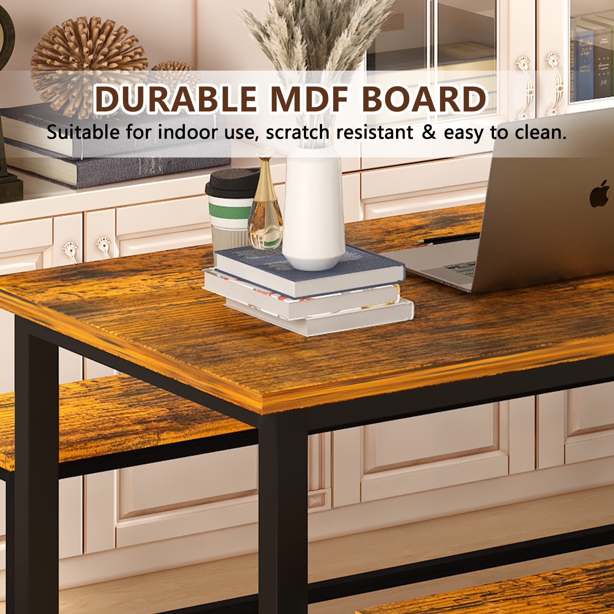 AWQM Dining Table Set with Two Benches, Kitchen Table Set for 4-6 Persons, Kitchen Table of 43.4 x 23.7 x 28.6 Inches, Bench of 38.6 x 11.9 x 17.6 Inches Each, Rustic Brown and Black