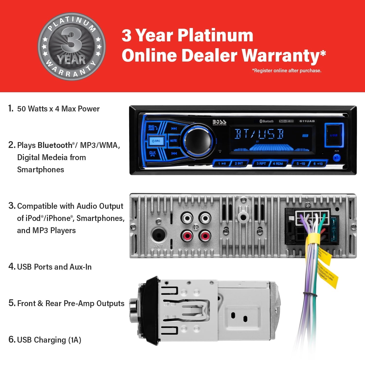 BOSS Audio Systems 611UAB Car Audio Stereo System - Single Din, Bluetooth Audio and Calling Head Unit, Aux Input, USB, Mechless, No CD/DVD Player, AM/FM Radio Receiver, Hook up to Amplifier
