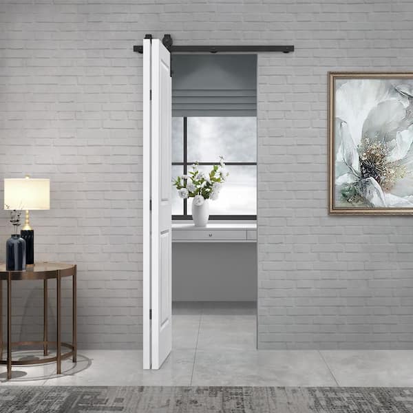 36 in. x 80 in. 2 Panel White Painted MDF Composite Bi-Fold Barn Door with Sliding Hardware Kit