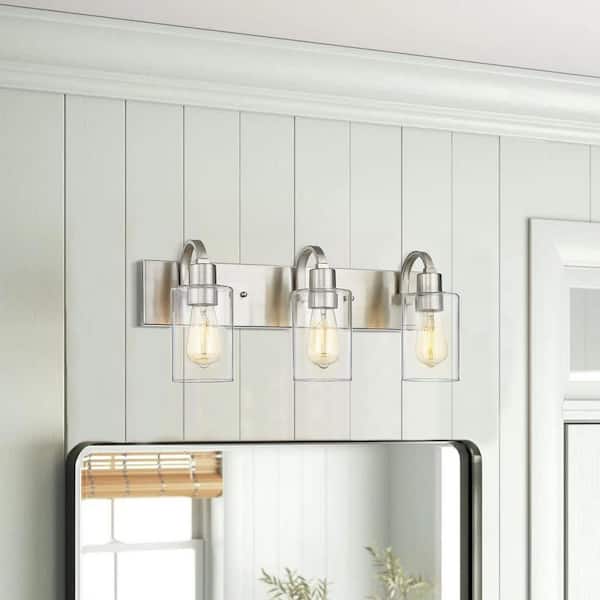 21.9 in. 3-Light Brushed Nickel Vanity Light with Clear Glass Shade Bathroom Light Fixture