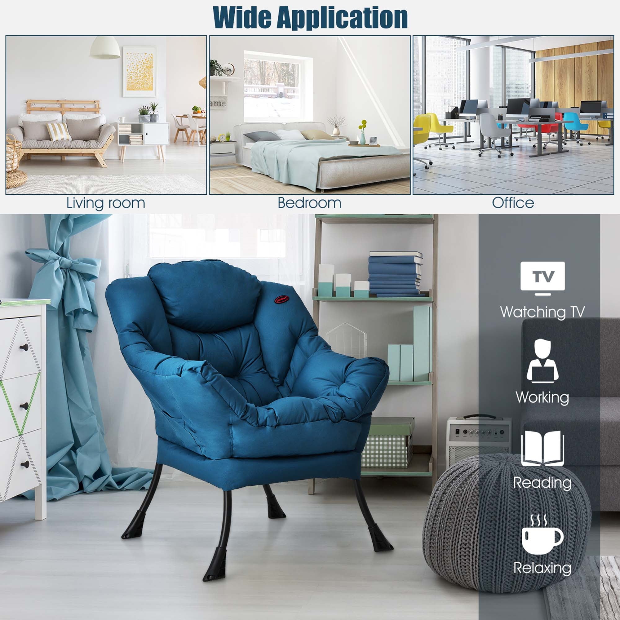 Costway Modern Polyester Fabric Lazy Chair Single Sofa Chair w/ Side Pocket Navy