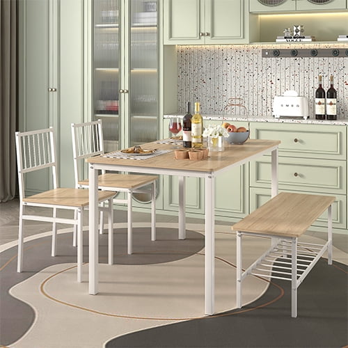 Dining Table Set, 4 Piece Dining Room Table Set for Small Spaces, Kitchen Table with 2 Chairs and a Long Bench, Space-Saving Table Set for Kitchen, Dining Room, Restaurant - Easy to Assemble
