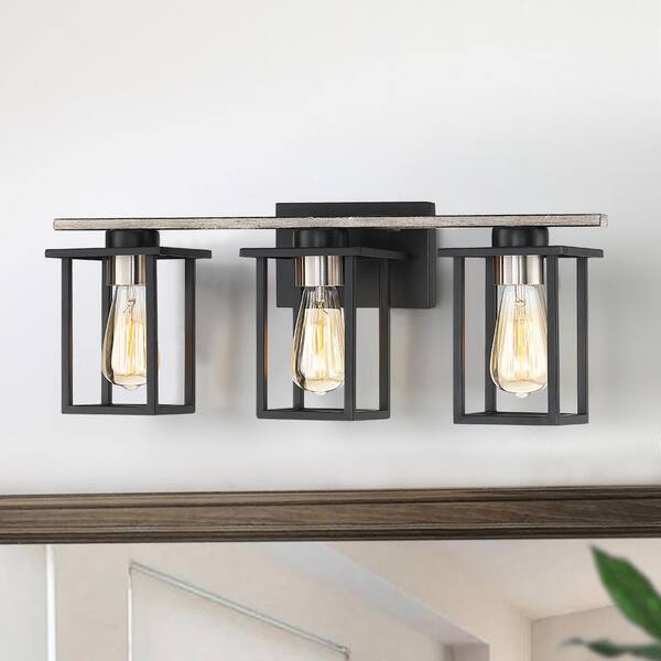 24.4 in. 3-Light Matt Black/Wood Tone Rustic Farmhouse Bathroom Vanity Light with Open Cage Shades
