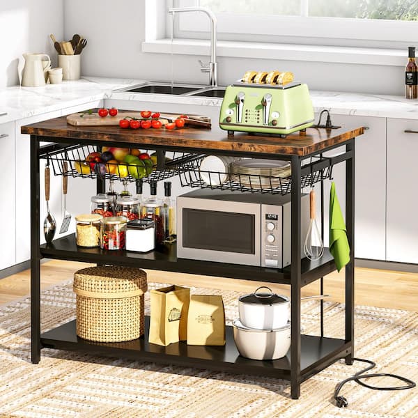 Bryauna Rustic Brown Kitchen Island, 3 Tier Island Table with Power Outlets and Wire Baskets, Microwave Oven Stand
