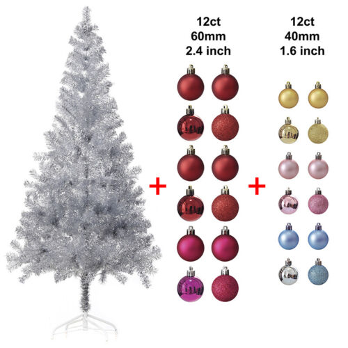 6 ft Artificial Silver Christmas Tree with 24ct Ornament Set, Metal Stand