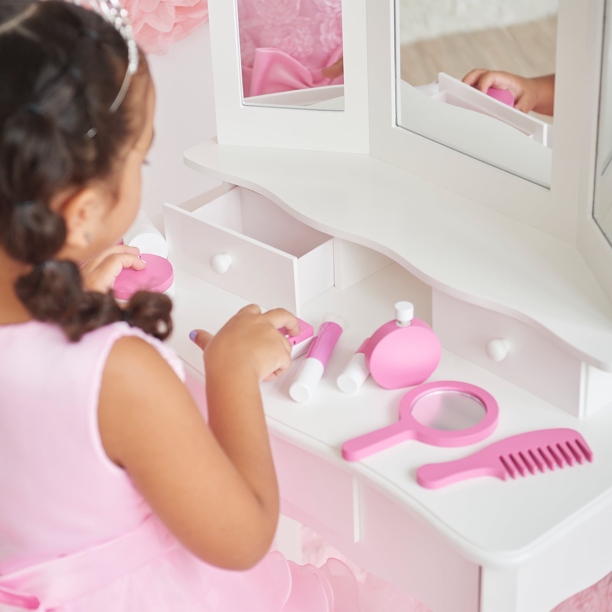 Teamson Kids Little Princess Ashlev Wooden Vanity Playset with Stool, White/Pink