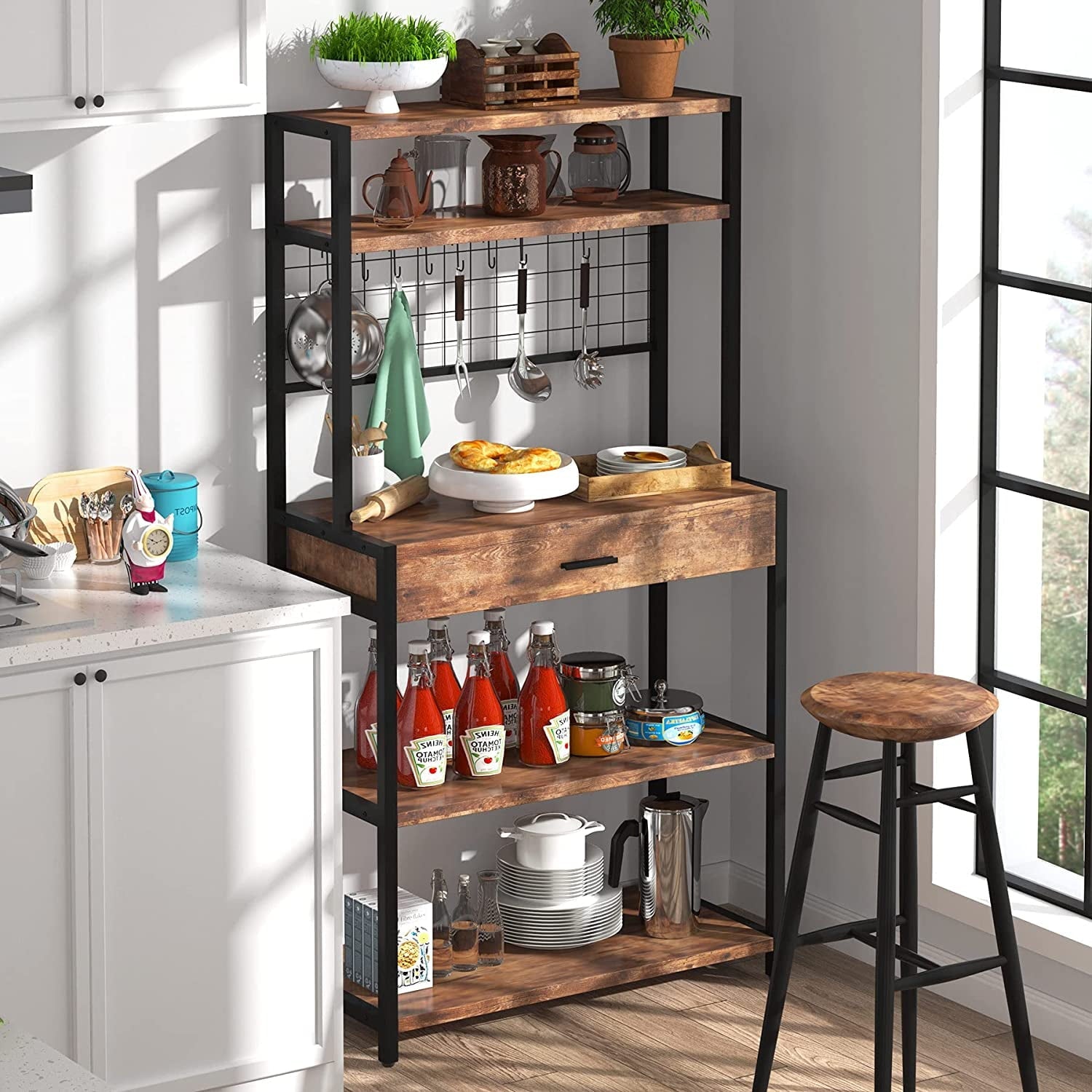 Tribesigns Kitchen Bakers Rack with Hutch, 5-Tier Kitchen Utility Storage Shelf with Hutch and 8 S-Hooks, Vintage Brown