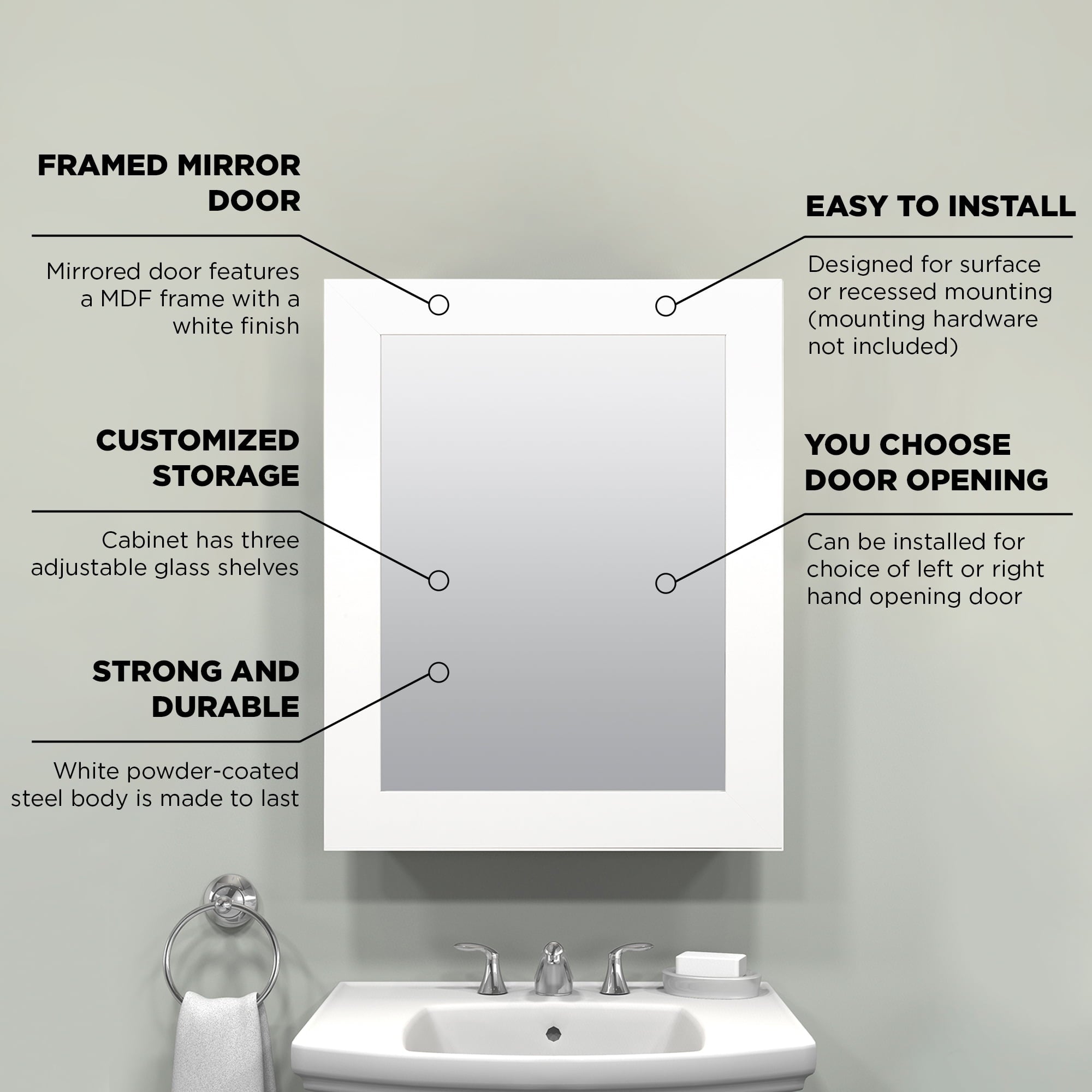 Zenna Home Recessed/Wall Mount Framed Mirror Medicine Cabinet, 24.5