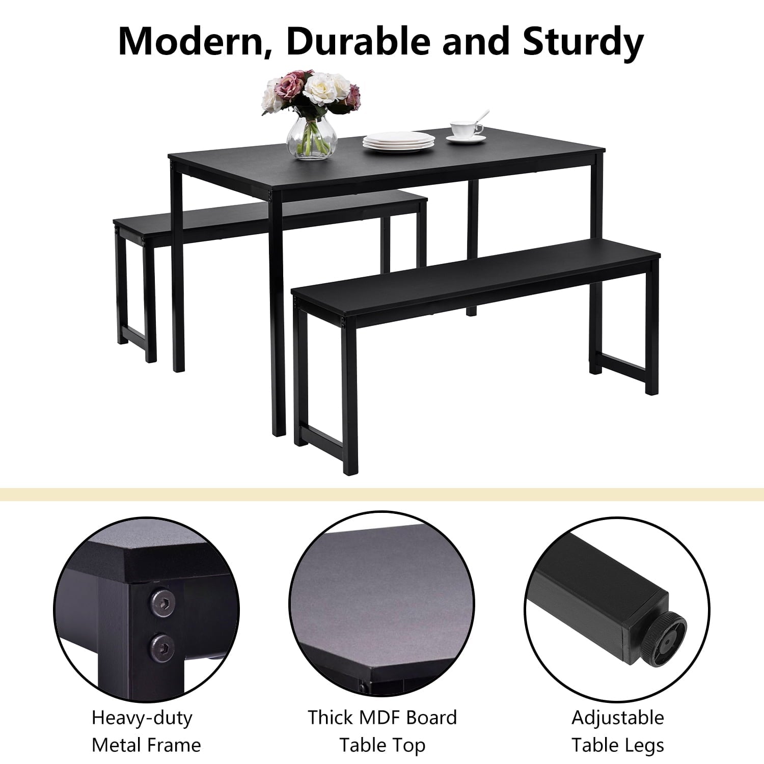 3 Piece Dining Table Set, Modern Wood Table Top Dining Table Set with Bench and Metal Frame, Breakfast Nook Dining Room Set, Dining Set for 4, Kitchen Living Dining Room Furniture, Black