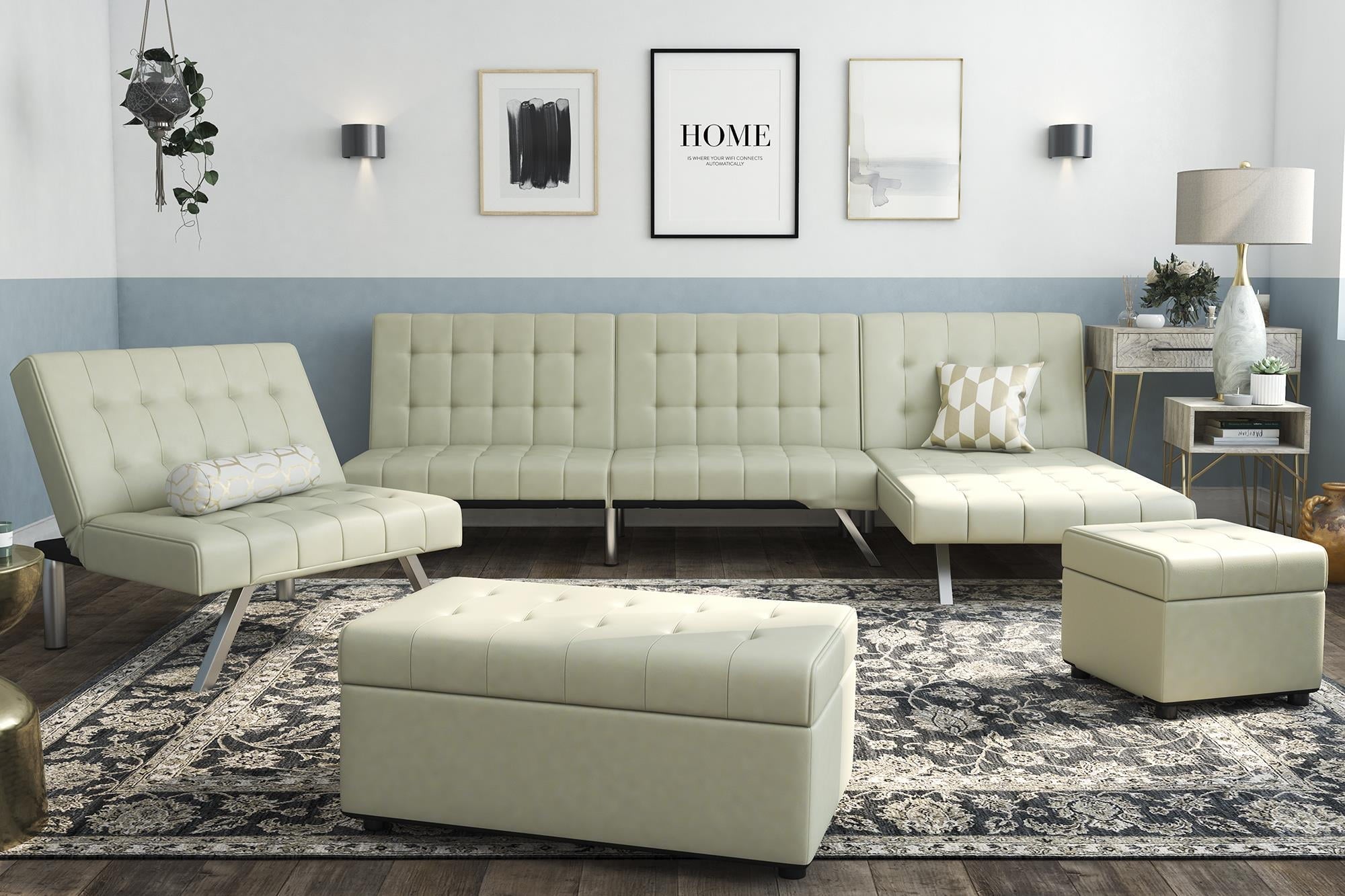 River Street Designs Emily Chaise Lounger Chair With Adjustable Reclining Back, Vanilla Faux Leather