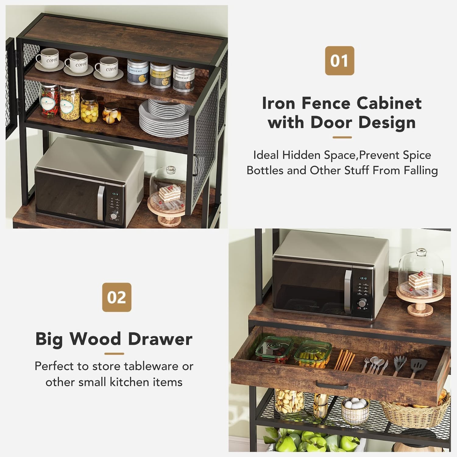 Tribesigns Kitchen Bakers Rack, Microwave Oven Stand with Open Shelves Cabinet and Drawer, Brown