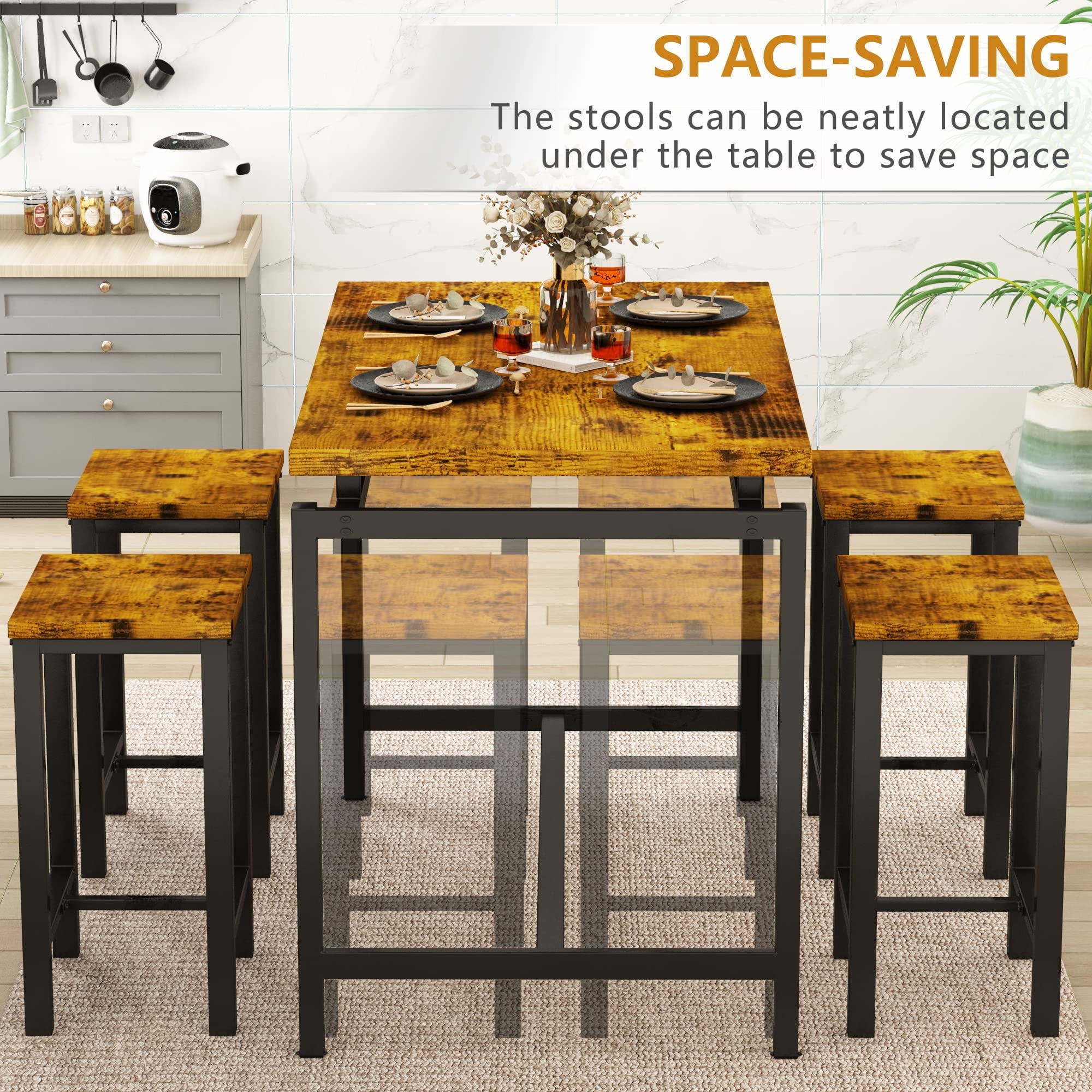 AWQM 5 Piece Bar Table Set, Kitchen Counter Height Table with 4 Stools, Home Kitchen Breakfast Table, Rustic Brown