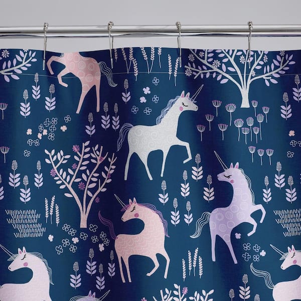 Company Kids Unicorn Forest Navy Organic Cotton Percale 72 in. Graphic Shower Curtain